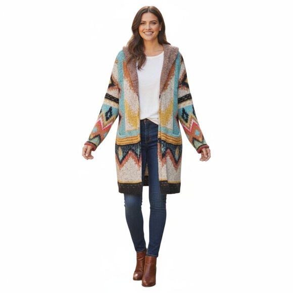 Southwestern Tribal Eyelash Sweater Hooded Cardigan Long Line MaxSport weighty L - Picture 1 of 16